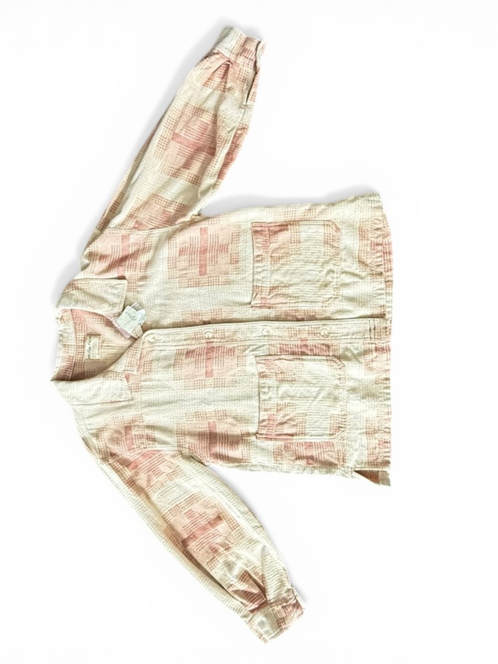 Free People We The Free Shirt Women L Beige Pink Plaid Button Up Long Sleeve - Picture 4 of 12